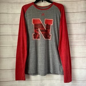 Adidas Heathered Gray Red Nebraska Cornhusker BERM ZONE Baseball Raglan Shirt L